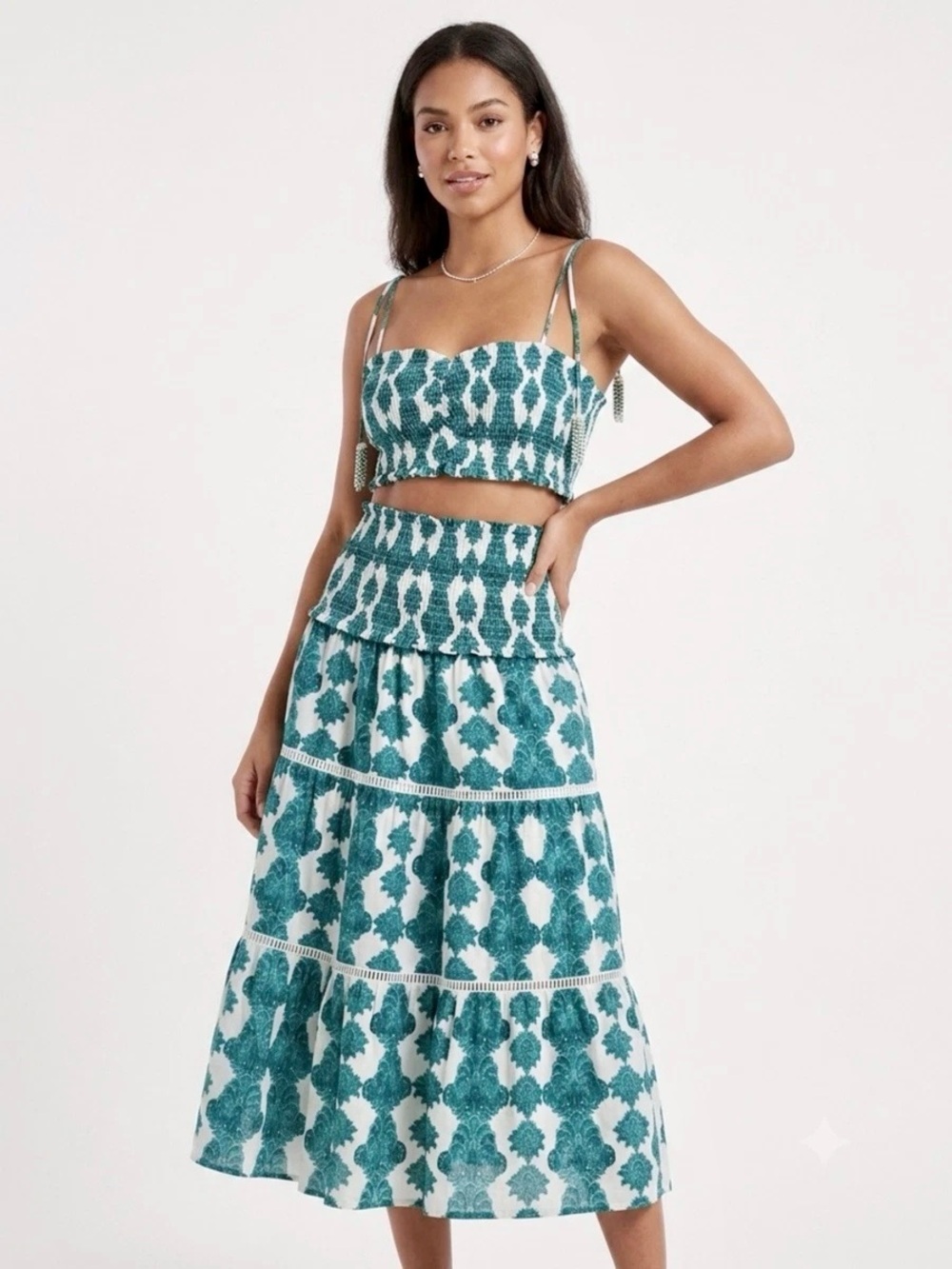 Teal Printed Tiered Midi Skirt and crop top blouse with beaded strings set!